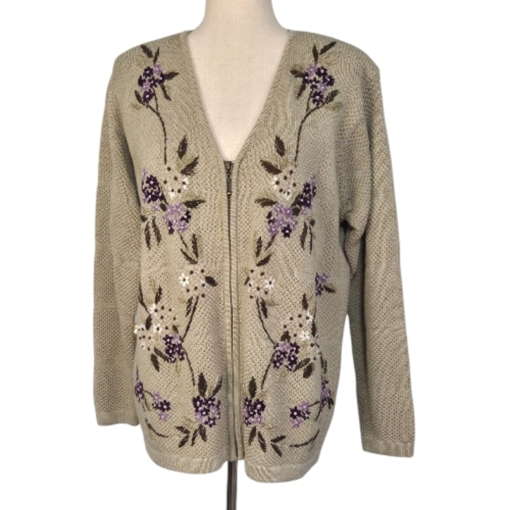 Alfred Dunner Floral Embroidered Textured Knit Zip Cardigan Sweater M - Picture 2 of 11